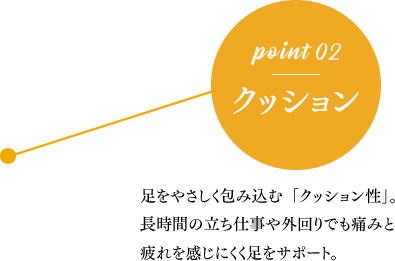 point 02 クッション 足をやさしく包み込む「クッション性」。 長時間の立ち仕事や外回りでも痛みと疲れを感じにくく足をサポート。　